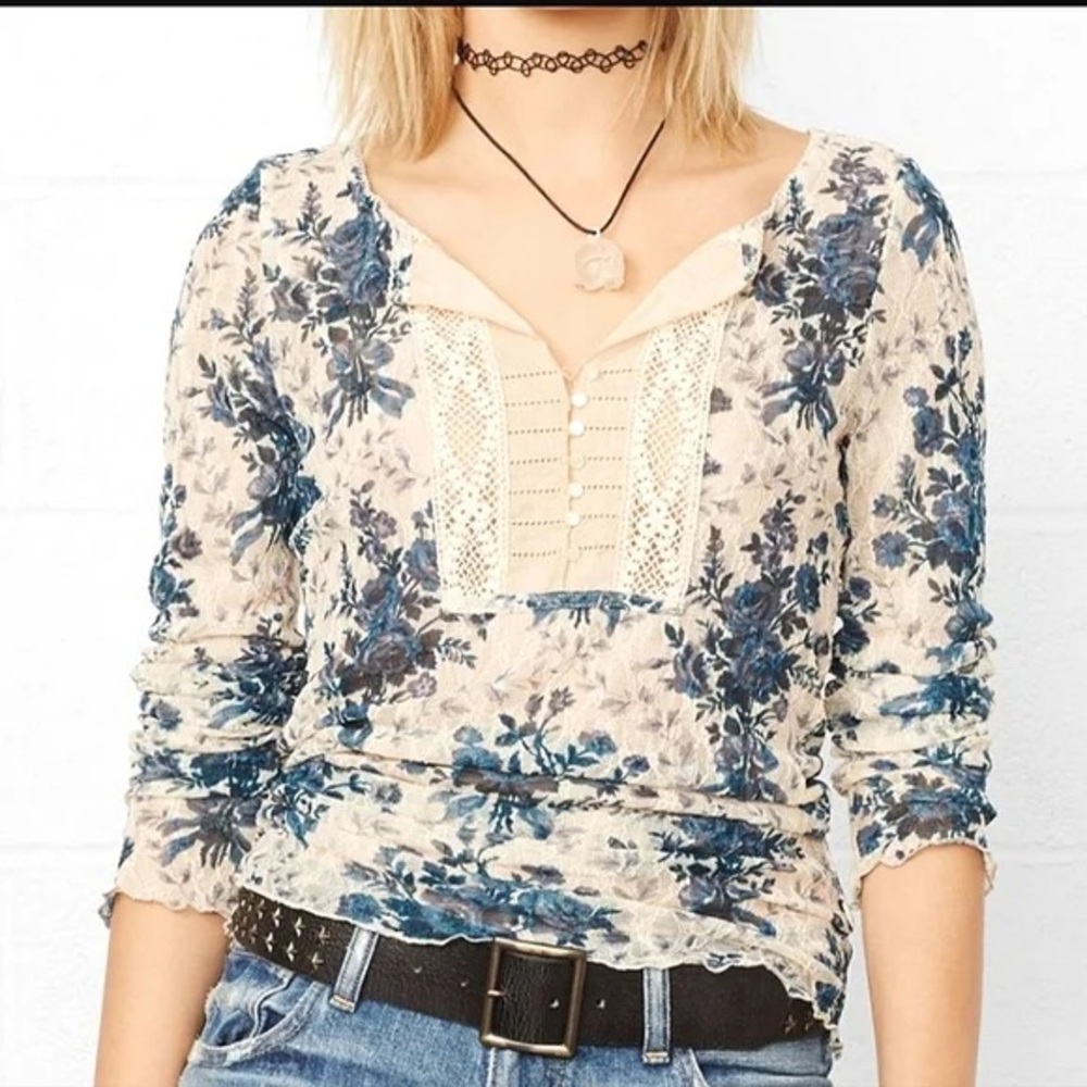 Denim & Supply Ralph Lauren Floral Lace Blouse - Blue and Cream